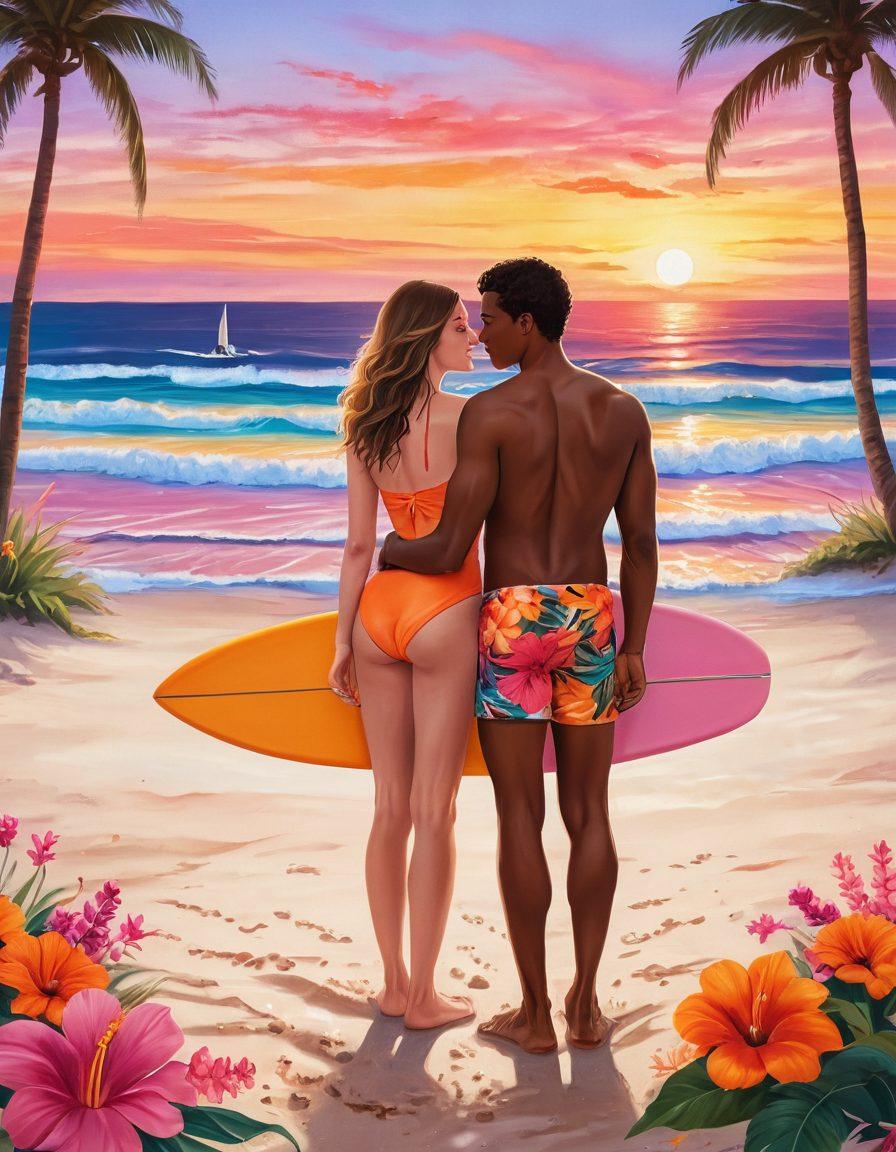 A couple embracing on a sandy beach at sunset, showcasing vibrant swimwear, with soft waves lapping at their feet. Surrounding them, tropical flowers and a cozy beach setup with colorful towels and a heart-shaped surfboard. The sky painted in warm oranges and pinks, creating a romantic atmosphere. whimsical illustration. vibrant colors. soft focus.