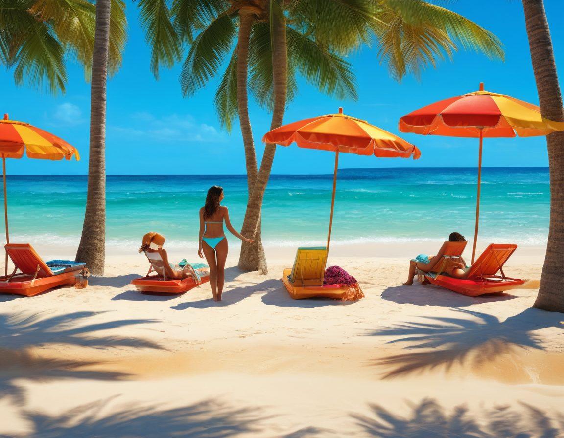 A vibrant beach scene featuring diverse models showcasing the hottest bikini styles, each in bold colors and unique patterns. The sun is shining brightly, reflecting off the azure water, while beach umbrellas and tropical palm trees enhance the exotic ambiance. Romantic elements like heart-shaped beach floats and a sunset in the background add passion to the scene. super-realistic. vibrant colors. lively beach atmosphere.