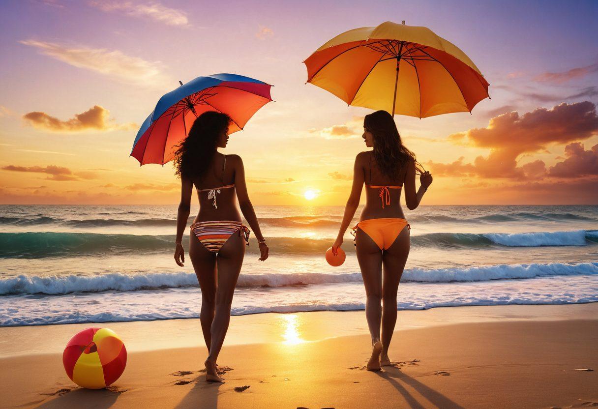 A stunning beach scene with a fashionable couple wearing stylish swimwear, surrounded by vibrant beach gear like umbrellas and sandals. The ocean waves crash in the background, glistening under a golden sunset. Add a playful beach ball and a sunhat for a flirty vibe. Capture the essence of romance and adventure. super-realistic. vibrant colors. warm tones.